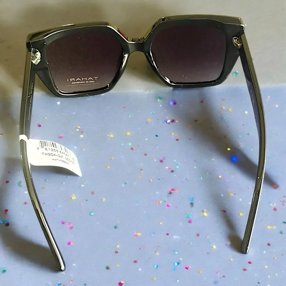 Tahari Oversized Square Sunglasses TH904 OX Shiny Black Frame Gradient Lens NWT